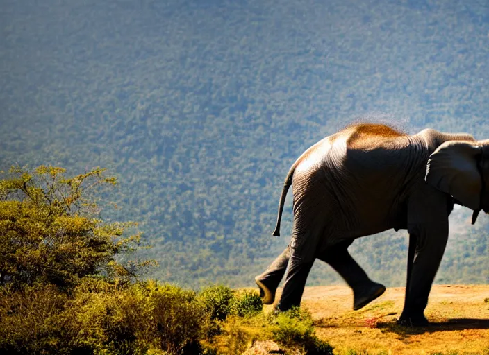 Prompt: dslr photo still of an elephant leaping off a mountain flying through the air, 4 k, 1 2 0 mm f 1 6