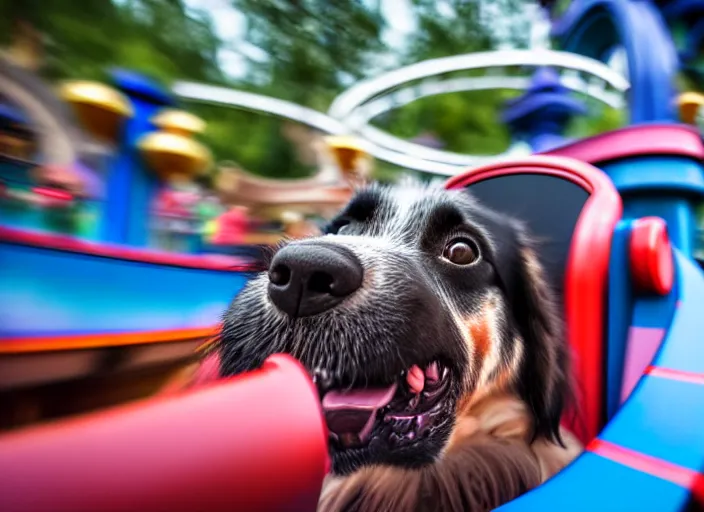 Image similar to film still of a dog riding a roller coaster in disneyland paris, 8 k