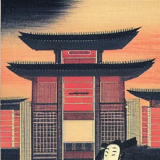 Image similar to a picture of a building that is lit up at night, an art deco painting by yoshida hanbei, pinterest, shin hanga, ukiyo - e, 1 9 9 0 s, 1 9 7 0 s