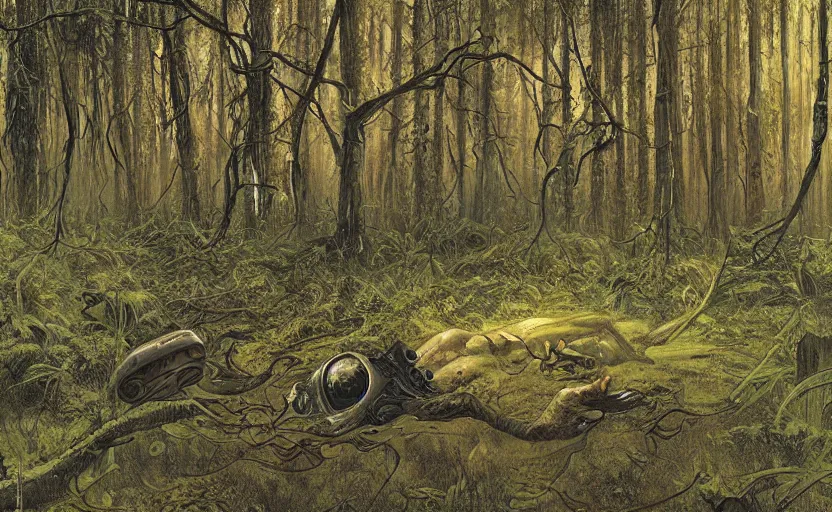 Image similar to digital painting of ovni crash site on swamp wasteland, extraterrestrial body parts on the floor, forest, moss, elegant artwork by lee bermejo and greg rutkowski and alphonse mucha