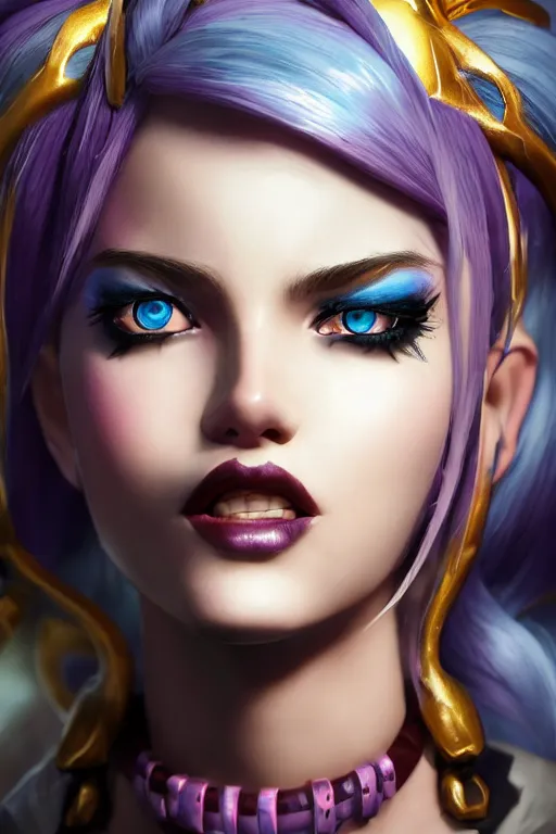 Image similar to ultra realistic facial portrait of jinx from league of legends, digital art, character portrait, highly detailed, trending on artstation, lens flare, atmosphere, hyper realistic, cinematic lightning, sharp focus, unreal engine 5, extreme details perfect face, pretty face, fine - face, illustration, 8 k, ultra texture, masterpiece