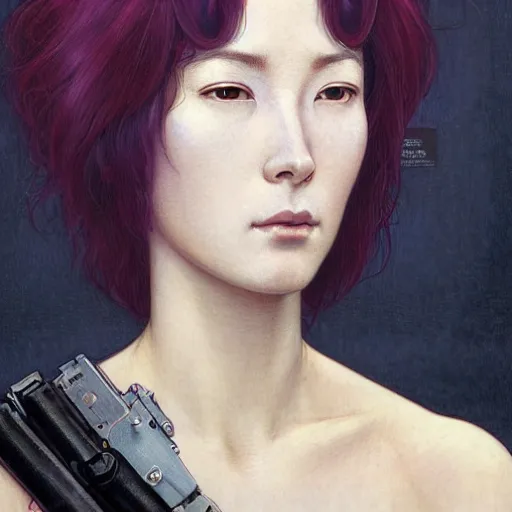 Image similar to Masterpiece head and shoulder portrait of Major Motoko Kusanagi from Ghost in the Shell drawn by Donato Giancola and Tom Bagshaw, face by Artgerm and Edmund Leighton, Alphonse Mucha, background by James Jean and Gustav Klimt, 4k, porcelain skin, komorebi, french nouveau, trending on pixiv, octane render, hyperrealistic