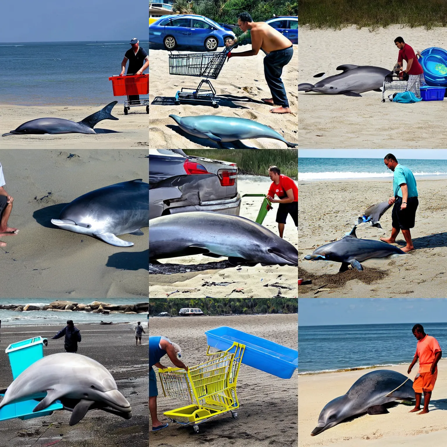 Prompt: A man with a shopping cart recycling a beached dolphin, journalistic photograph