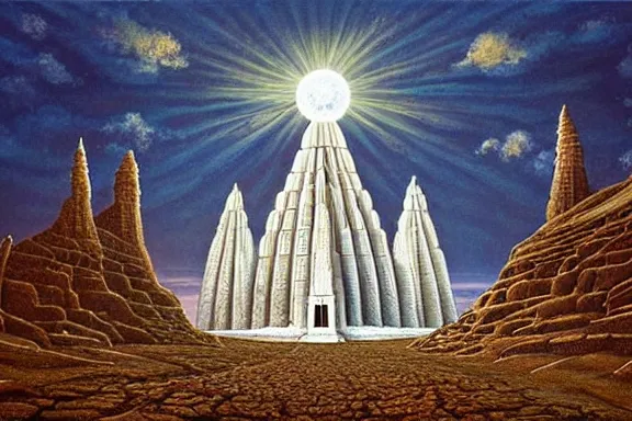 Prompt: the temple of truth is white, whole, holy and beautiful, but is surrounded by a crater of ruin and desolation. it's spire reaches up to the heavens and is topped with a gold statue. | painting by rob gonsalves. intricate detail. stark contrast. landscape painting