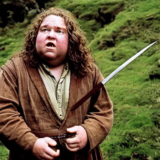 Prompt: Bartook is a twenty-something hobbit with curly brown hair who is slightly overweight, high resolution film still, movie by Peter Jackson