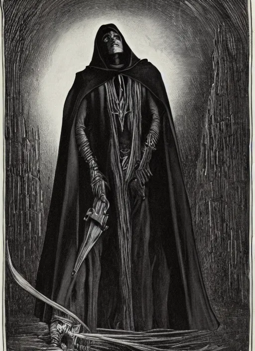 Image similar to fineart illustration of the necromancer wearing a black cloak, hyper detailed, crisp