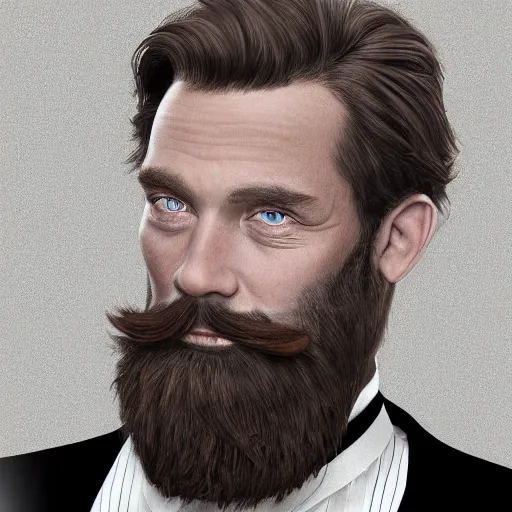 Image similar to a highly detailed portrait of a man, with a brown beard and hair, blue eyes, wearing a tuxedo, photo, hyperrealism, digital art