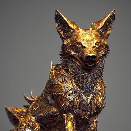 Image similar to A photo-real delicate sculpture of an ornate detailed wolf in front of a intricate background by AJ Fosik, micro detail, backlit lighting, octane renderer, colorful, physically based rendering, tribal art, trending on cgsociety