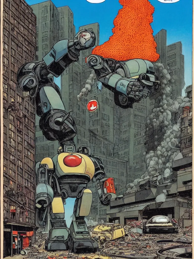 Prompt: a single Giant classic robot walking down the street desires to eat a massive glazed donut, a building is on fire smoking and a crushed car is under the foot of the giant robot by Richard Corben