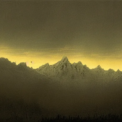 Image similar to munich gloomy dark city mountain background in the style of zdzisław beksinski