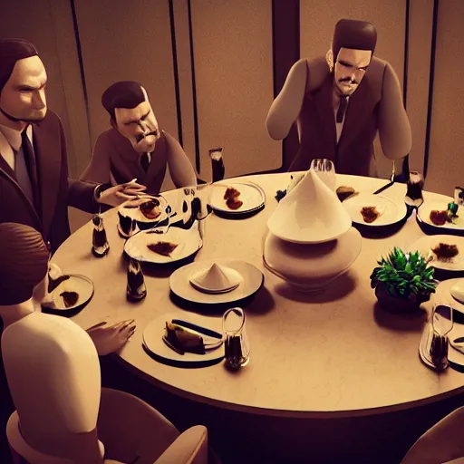 Image similar to a mafia family having dinner around a table, 3 d render octane, trending on artstation