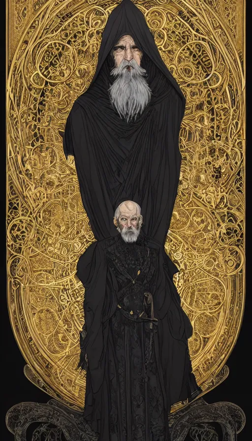 Image similar to one old man wore a black cloak, a black cloak and a white beard, highly detailed, very intricate, art nouveau, gold filigree, left right symmetry, tarot concept art watercolor illustration by mandy jurgens and alphonse mucha and alena aenami, featured on artstation