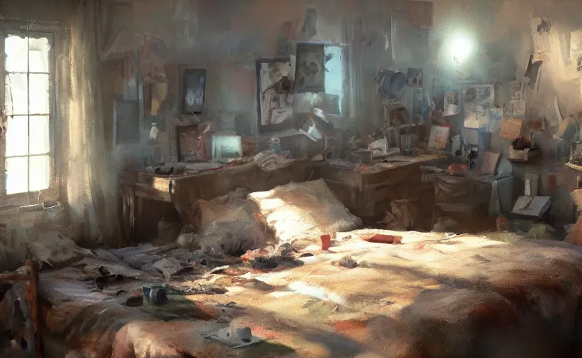 Prompt: a messy bedroom interior, painting by Craig Mullins, octane rendering, soft lighting, wide angle lens, low view, in the style of Pixar animation, trending on artstation,