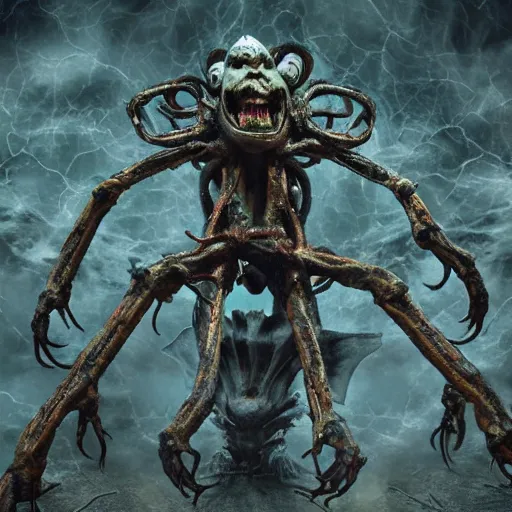 Image similar to an evil master with 7 arms and 2 legs hunched over looking for you with vengeful eyes, scary, high resolution, creepy, disgusting