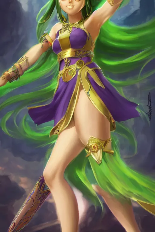 Image similar to portrait, head and torso only, palutena in a victorious stance, trending on artstation, concept art, movie poster, fine detail, unreal engine, masterpiece, 4 k, hd