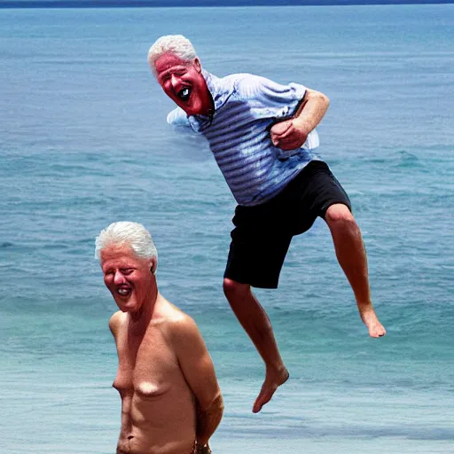 Image similar to bill clinton laughing hysterically while piggyback riding jeffrey epstein on an island, hyper realistic