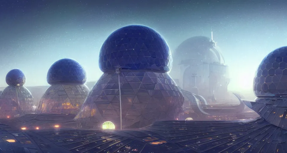 Image similar to futuristic city on the moon, geodesic domes, utopian, night sky, stars, digital painting, artstation, concept art, soft light, smooth, sharp focus, illustration, intricate, elegant, highly detailed, in the style of greg rutkowski and alphonse mucha and artemisia, 8 k, highly detailed, jurgens, rutkowski