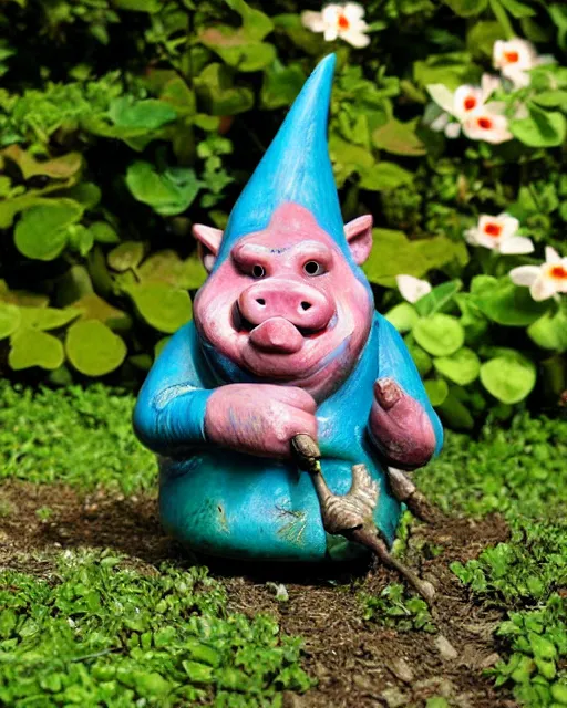 Prompt: sad cute pig gnome troll boglin garden sculpture