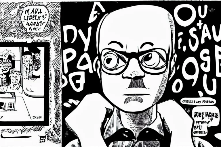 Image similar to a single sad, fearful guy by daniel clowes, comic, black and white, single panel, close up