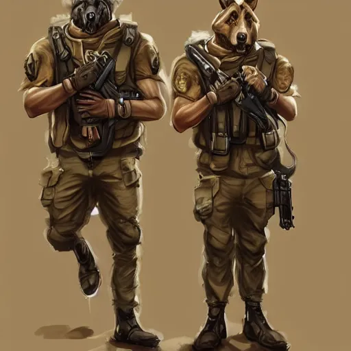 Image similar to two humanoid german shepherds beast - men in military style, they holding a beer, artstation, concept art, smooth, sharp foccus ilustration, artstation