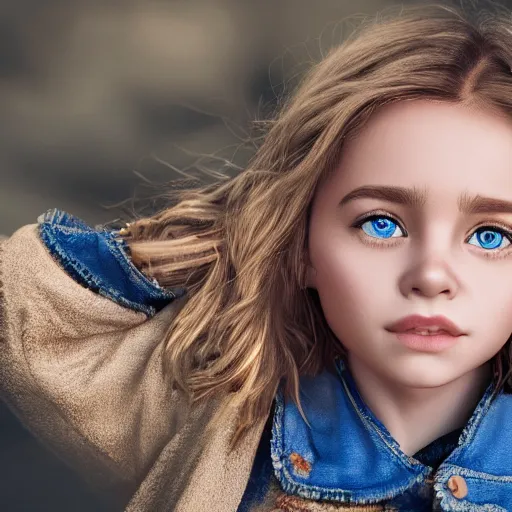 Prompt: a little portuguese girl with white - fair!!!!! skin, dirty blonde hair and blue eyes, wearing a disney land coat and blue jeans, 4 k, 8 k, photorealistic facial features