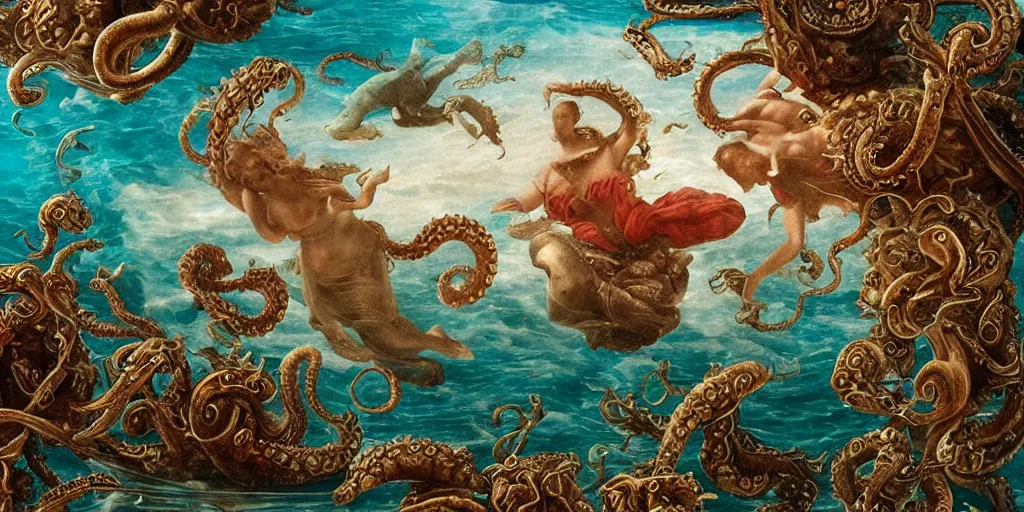 Prompt: renaissance, underwater, tilt shift, gulf, italian, whale, narval, poseidon, naval battle, italian masterpiece, faberge, wind, sky in background, wind rose, Ashford Black Marble, marble, brass, baroque, draped with red corals and vines and spines, drapes, glass, portrait, kraken, mermaid, nautilus, octopus, render, artstation, ultra detailed
