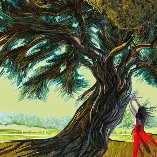 Image similar to illustration of a woman dancing near an old strong tall green persian cypress tree in wind, digital painting, artist farshchian