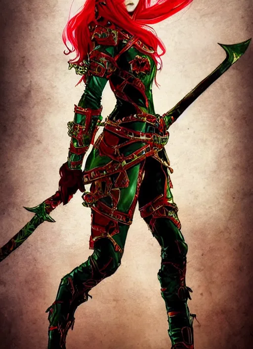 Image similar to Full body portrait of a handsome young red haired elven princess warrior wearing red, green and gold ornate leather jacket, golden tiara and an axe. In style of Yoji Shinkawa and Hyung-tae Kim, trending on ArtStation, dark fantasy, great composition, concept art, highly detailed.