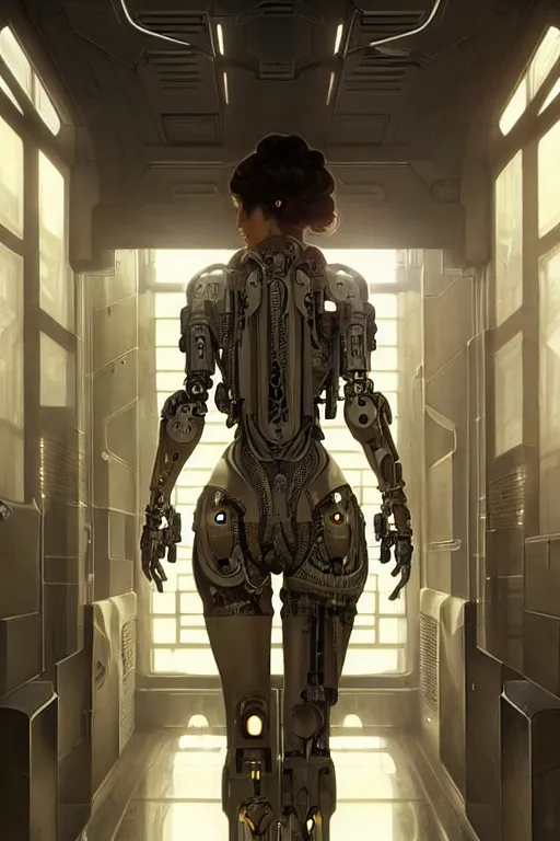 Image similar to ultra realistic, beautiful female cyborg in a utopian hallway in a space megalopolis, sci - fi, intricate details, eerie, highly detailed, octane render, 8 k, art by artgerm and alphonse mucha and greg rutkowski