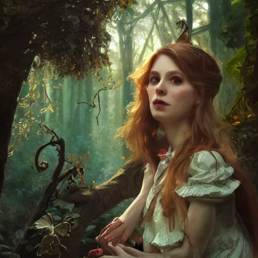 Image similar to close up portrait of alice in wonderland, magical forest, dramatic lighting, high detail, painted, by greg rutkowski, painted by stanley artgerm, painted by alphonse mucha, trending on artstation