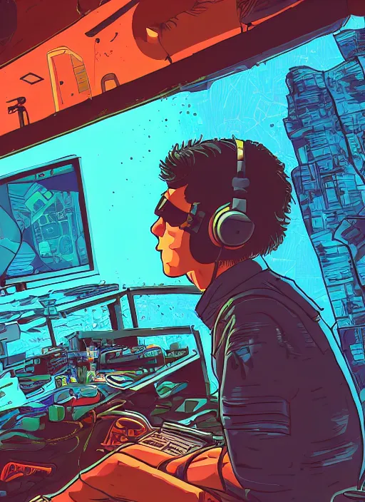 Image similar to in the style of max prentis and deathburger and laurie greasley a beautiful close up of a young explorer wearing a cyberpunk headpiece playing video games in his treehouse, colourful flat surreal design, highly detailed, 8 k wallpaper