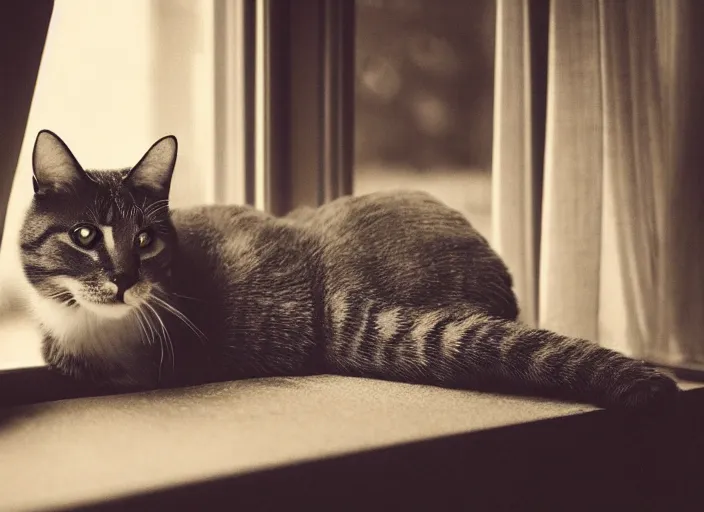 Image similar to photography of a Cat . watching outside the window. on a bed. in a 70's room full of vinyls and posters, photorealistic, award winning photo, 100mm, sharp, high res