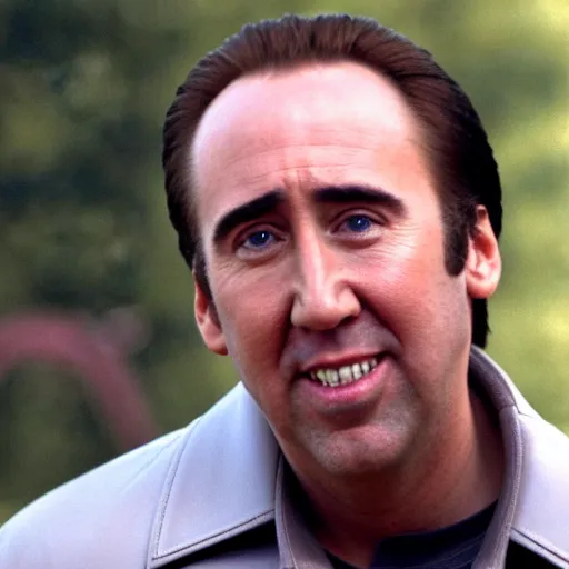 Image similar to A still of Nicholas Cage. Medium shot. He's smiling and looking into the camera.