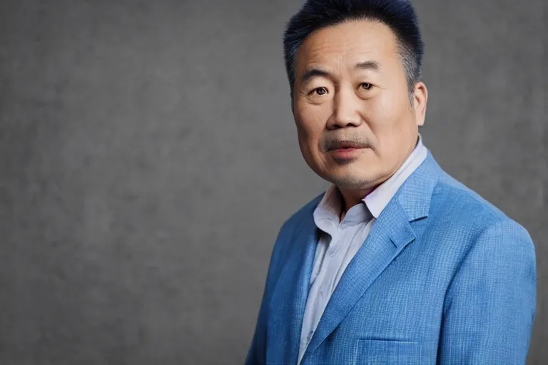 Image similar to a cinematic studio headshot portrait of a middle aged asian man, movie still, blue color theme, dramatic lighting, back light, hair light, rim light, 4 k, ultra realistic, by annie leibovitz