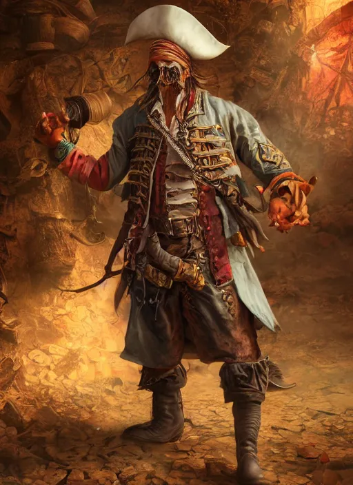 Image similar to realistic full body concept art illustration oil painting of a pirate in insanely detailed and intricately colored clothing, octane render, sss, postprocessing, 4k, cinematic lighting, unreal engine