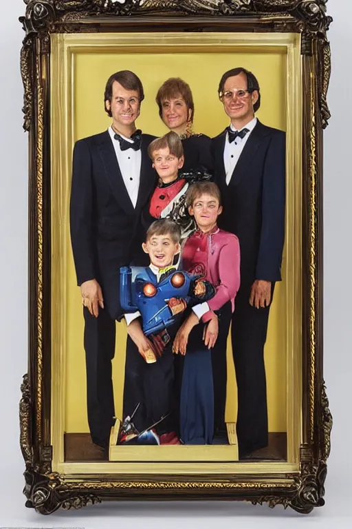 Image similar to A beautiful professional robot family portrait, by Bachrach Studios, 1980s, in an ornate wooden frame