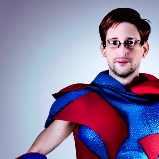 Prompt: UHD candid photo of Edward Snowden dressed as a superhero, wearing red white and blue, accurate face, UHD, photorealistic, correct face, photo by Annie Leibowitz