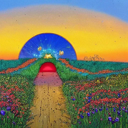 Prompt: a beautiful painting of a magical portal made of wood and glowing jewels in a field of flowers by moebius