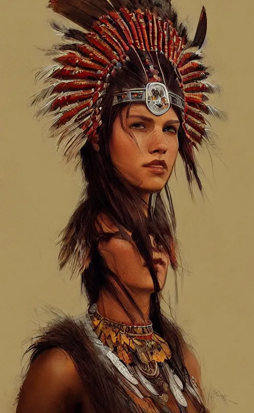 Image similar to gorgeous redskin woman wearing headdress, intricate, elegant, highly detailed, artstation, concept art, smooth, sharp focus, illustration, art by stefan kostic and greg rutkowski