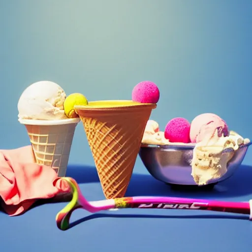 Prompt: three cups of ice cream next to a tennis racket, a stock photo by pia fries, trending on pinterest, lyco art, y 2 k aesthetic, vaporwave, aesthetic