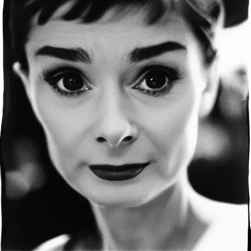 Prompt: photo of Audrey Hepburn by Diane Arbus, extreme closeup, black and white, high contrast, Rolleiflex, 55mm f/4 lens
