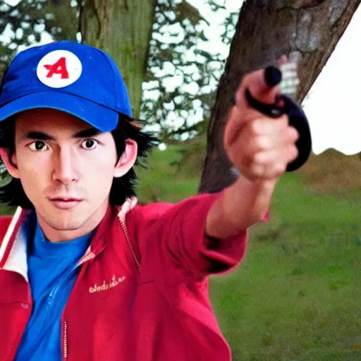 Image similar to real life human ash ketchum in the style of wes anderson