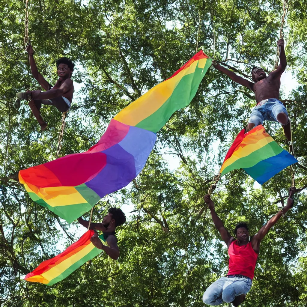 Image similar to black person swinging from the trees waving an lgbt flag