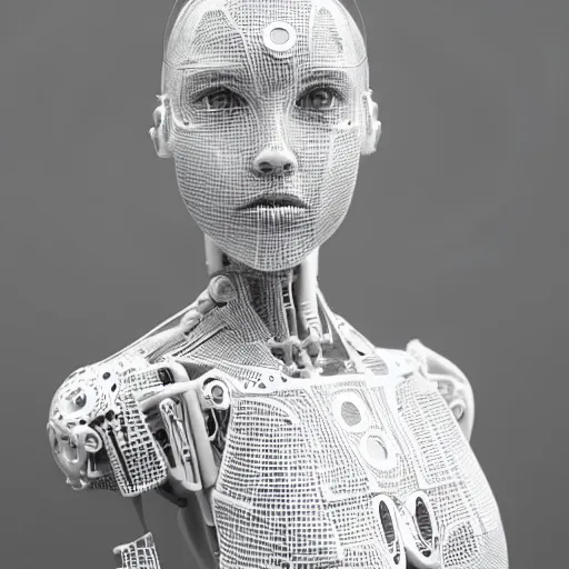 Image similar to beautiful centered fine art photo portrait of sleepy beautiful girl as a solarpunk robotic humanoid, white mechanical parts with led lights, photorealistic human face, white background, highly detailed and intricate, soft box lighting, hdr 8 k