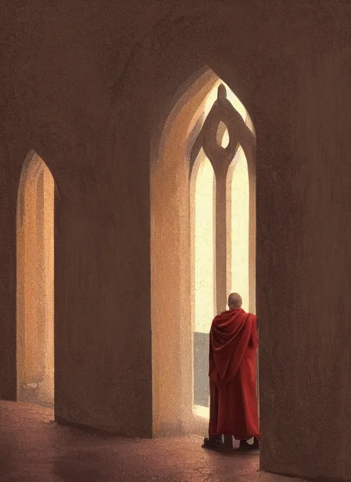 Image similar to symmetry!! oil painting of a tonsured dominican monk in a brown habit, looking out of a monastery window contemplatively, a majestic cathedral in the background, hazy, digital art, artstation, cinematic, golden hour, digital art painting by greg rutkowski, cozy atmosphere, cinematic lighting