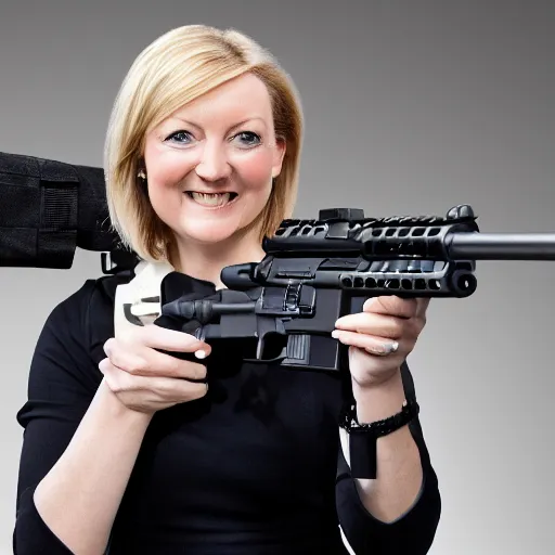 Image similar to Medium Shot photograph of Liz Truss holding an AR-15, 8k, ultrahd