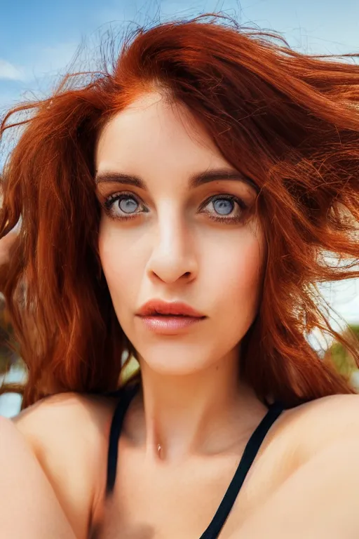 Image similar to olive skinned auburn hair female model in her twenties, wearing a designer top, looking content, focused on her neck, photo realistic, extreme detail skin, natural beauty, no filter, slr, golden hour, 4 k, high definition, selfie