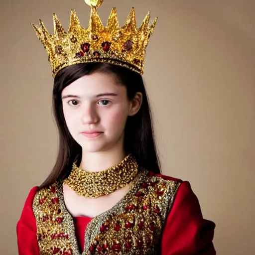 Image similar to a 1 5 years old girl wearing regal clothes and a golden crown