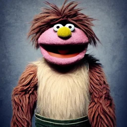 Image similar to a still of a forgotten muppet character looking very manly and modern, hilarious, laughing, hairy chest, huge chin, manly monster tough guy, roughled fur, photo real, photographic, photograph, artstation, trending, featured