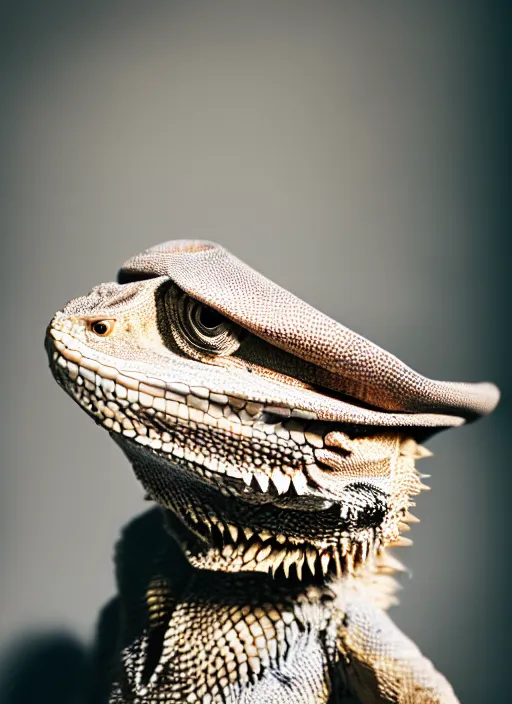 Image similar to dslr portrait still of a bearded dragon wearing a tophat, 8 k 8 5 mm f 1. 4